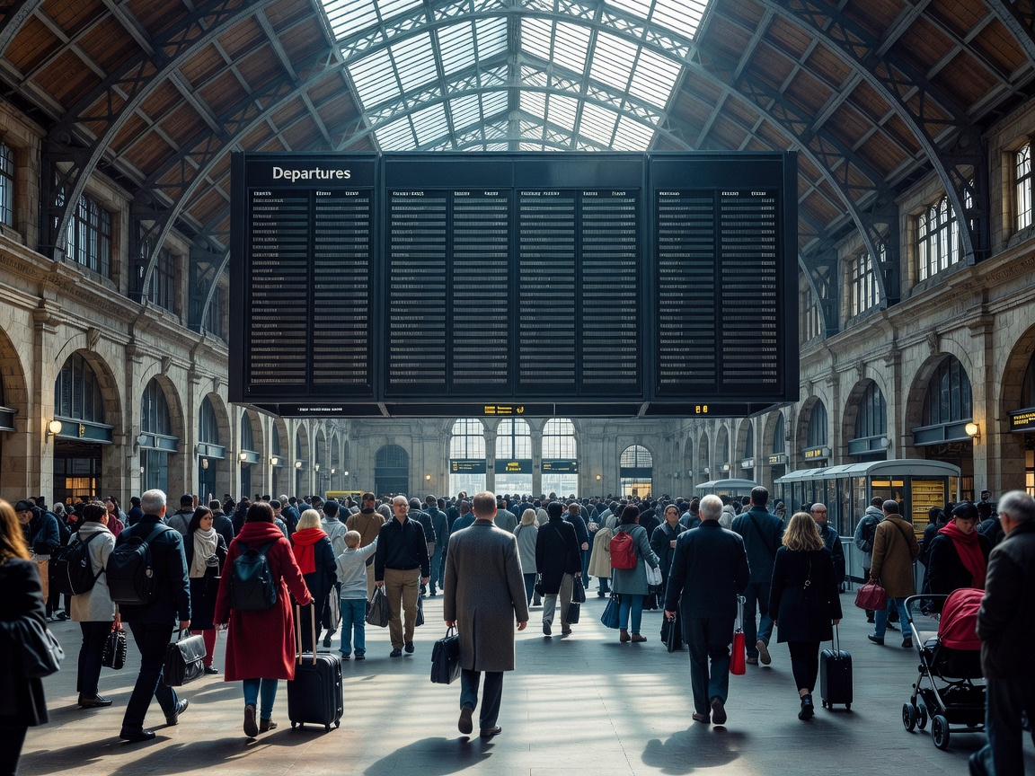 Busy European railway station concourse with travellers beneath a large departures board