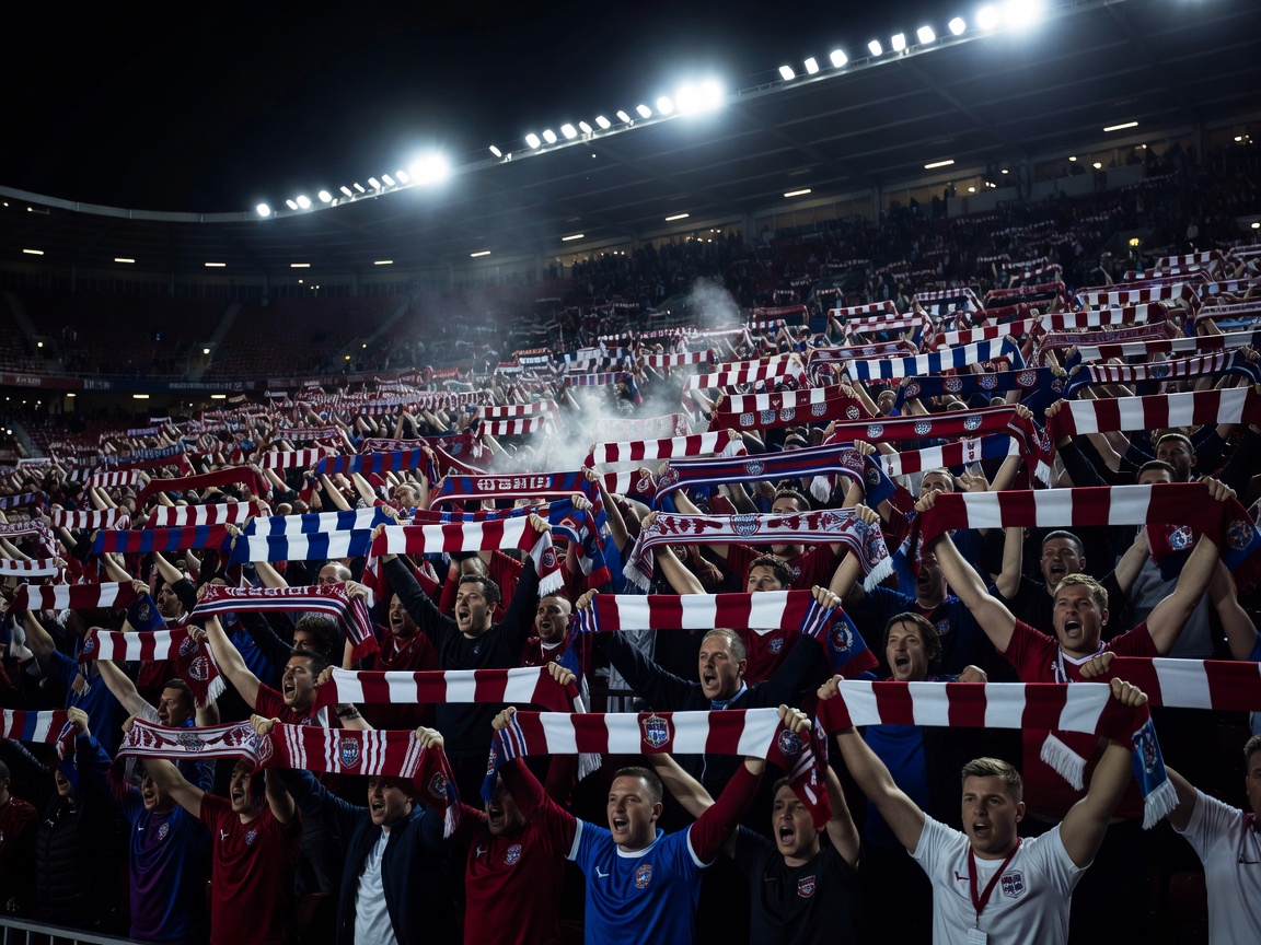 Crowd of football supporters raising scarves during the pre-match anthem under stadium lights