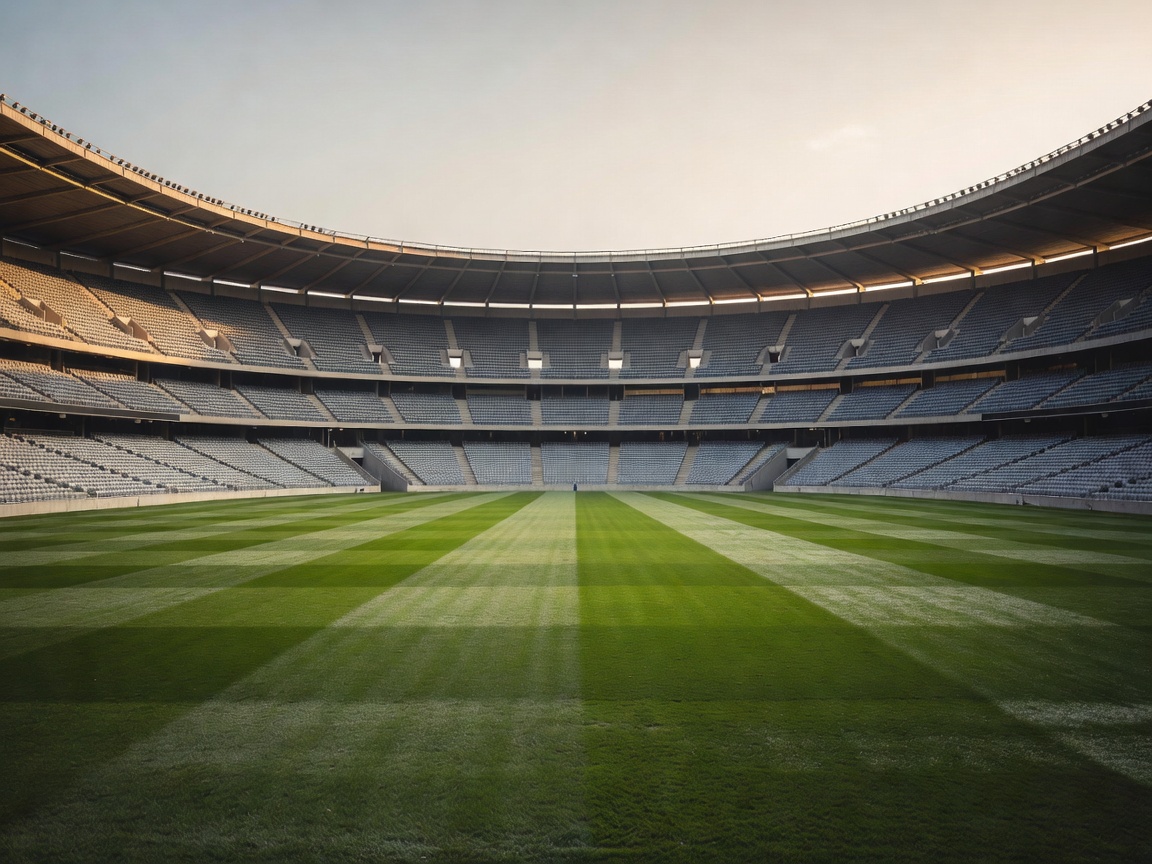 Empty football stadium bowl in morning light with steep stands and a freshly cut pitch