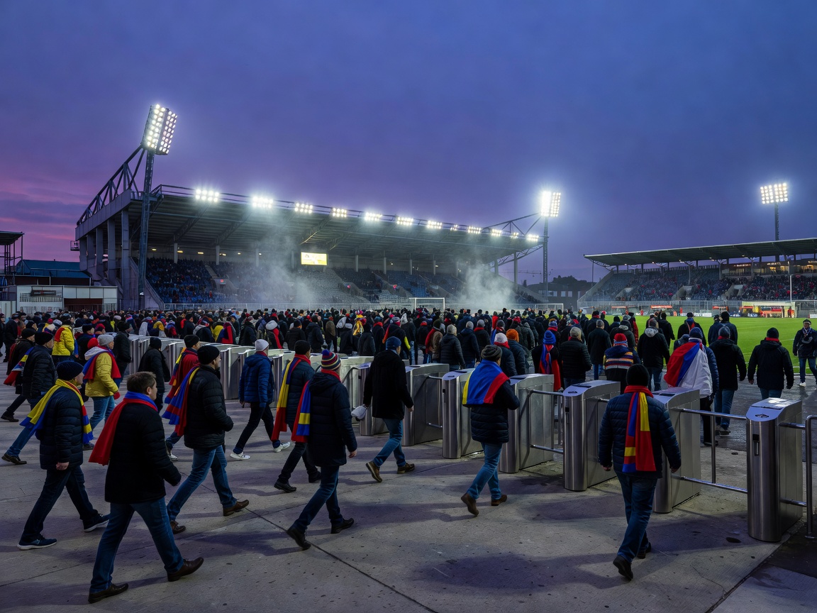 Floodlit European football stadium glowing at dusk with supporters streaming towards the turnstiles