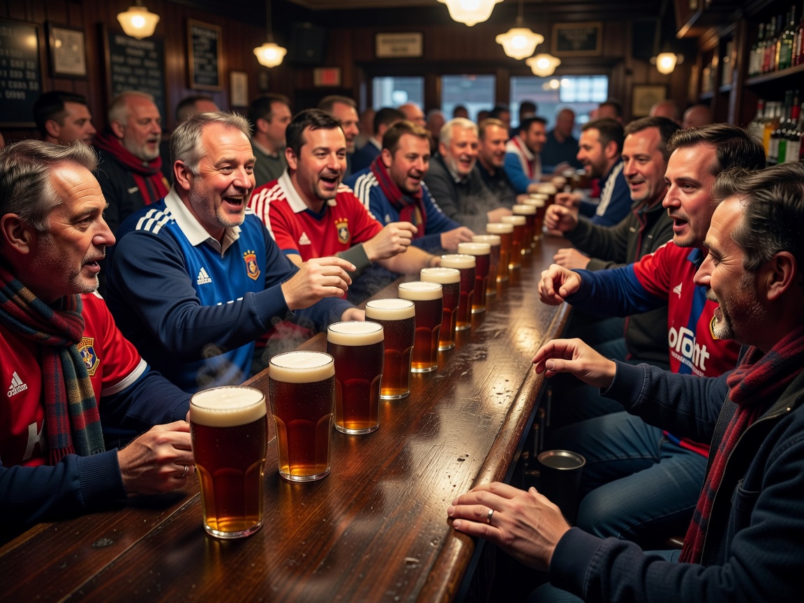 Freshly poured pints on a wooden bar in a busy pub before a match