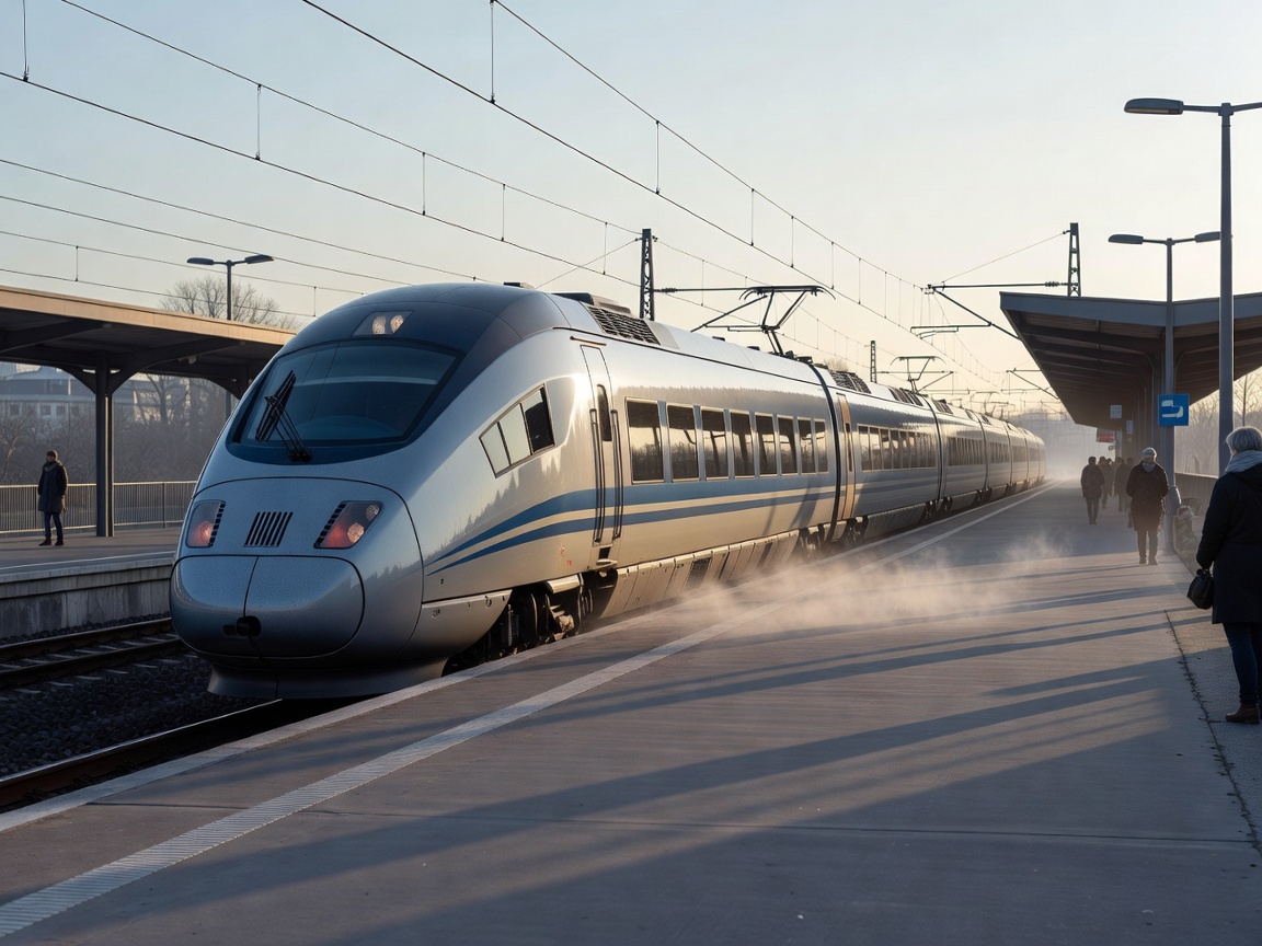 High-speed train waiting at a European railway platform in early morning light