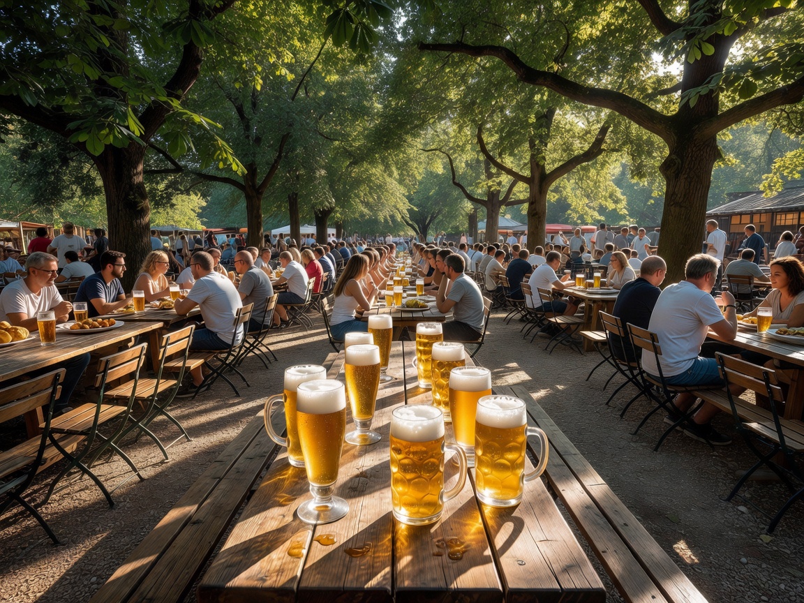 Long wooden tables under chestnut trees in a busy beer garden with glasses of beer catching the sun