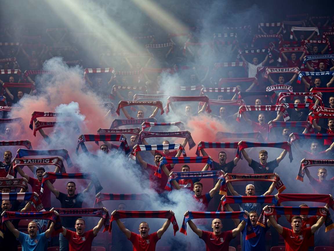 Supporters holding scarves aloft in a smoke-filled stand on derby day