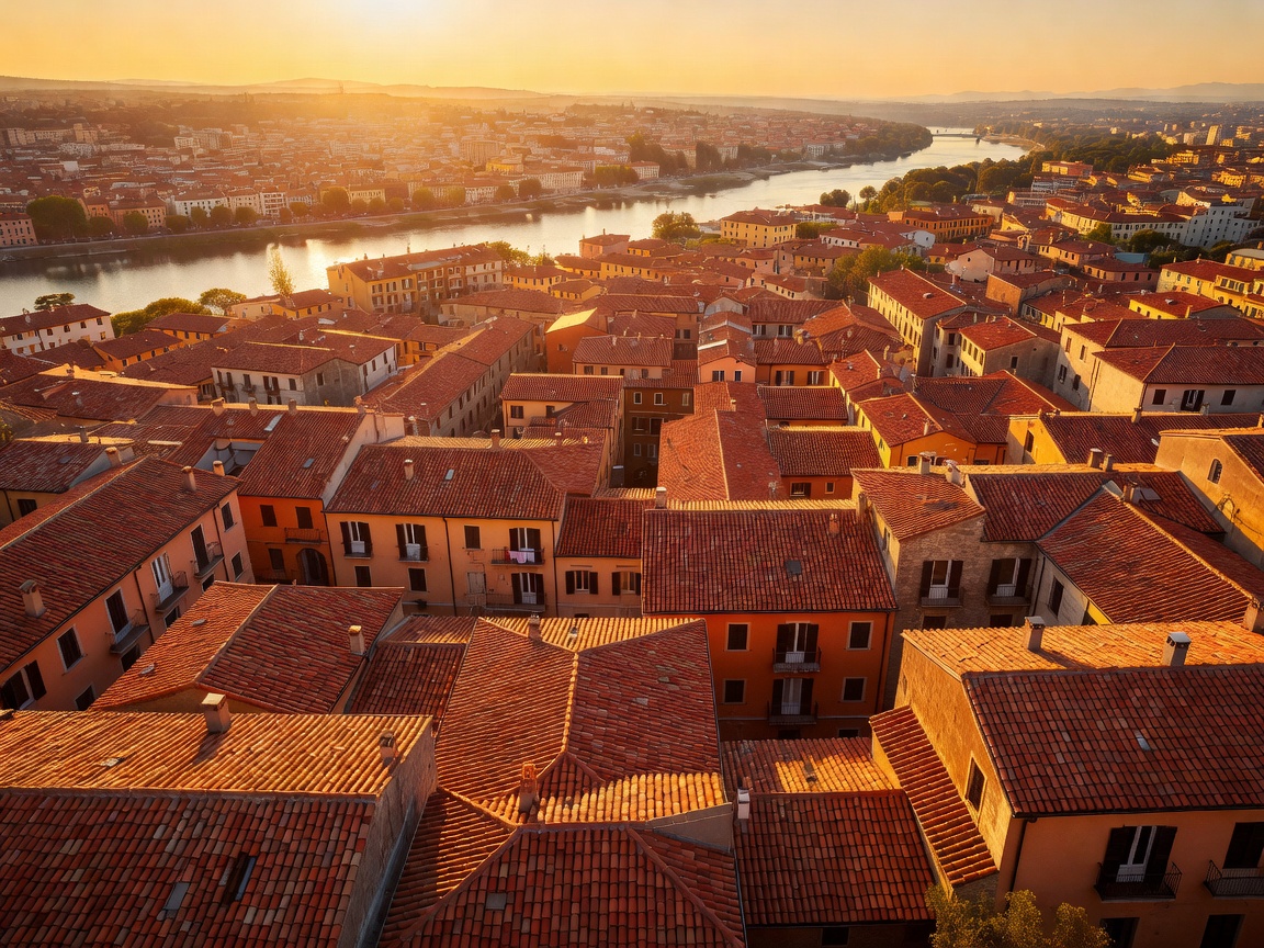 Terracotta rooftops of a southern European city glowing at golden hour with a river in the distance
