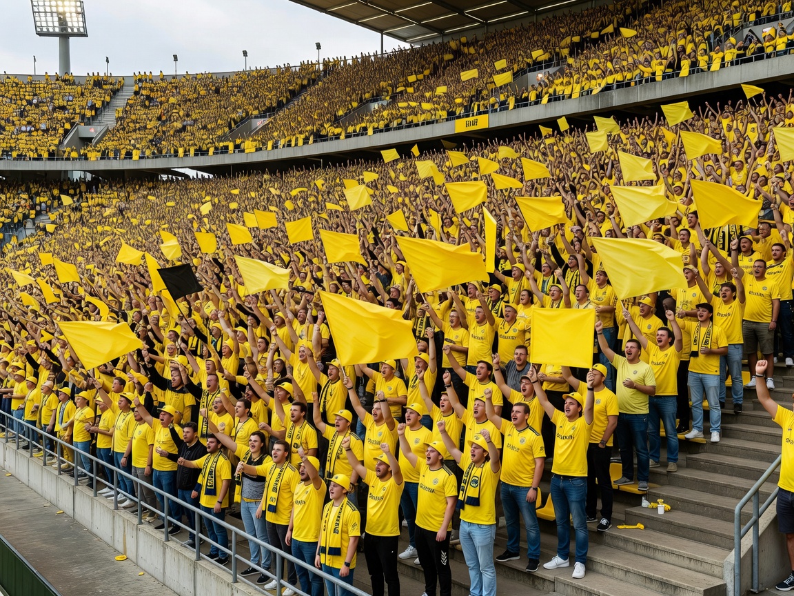 Vast terraced stand packed with yellow-clad supporters at a German football stadium