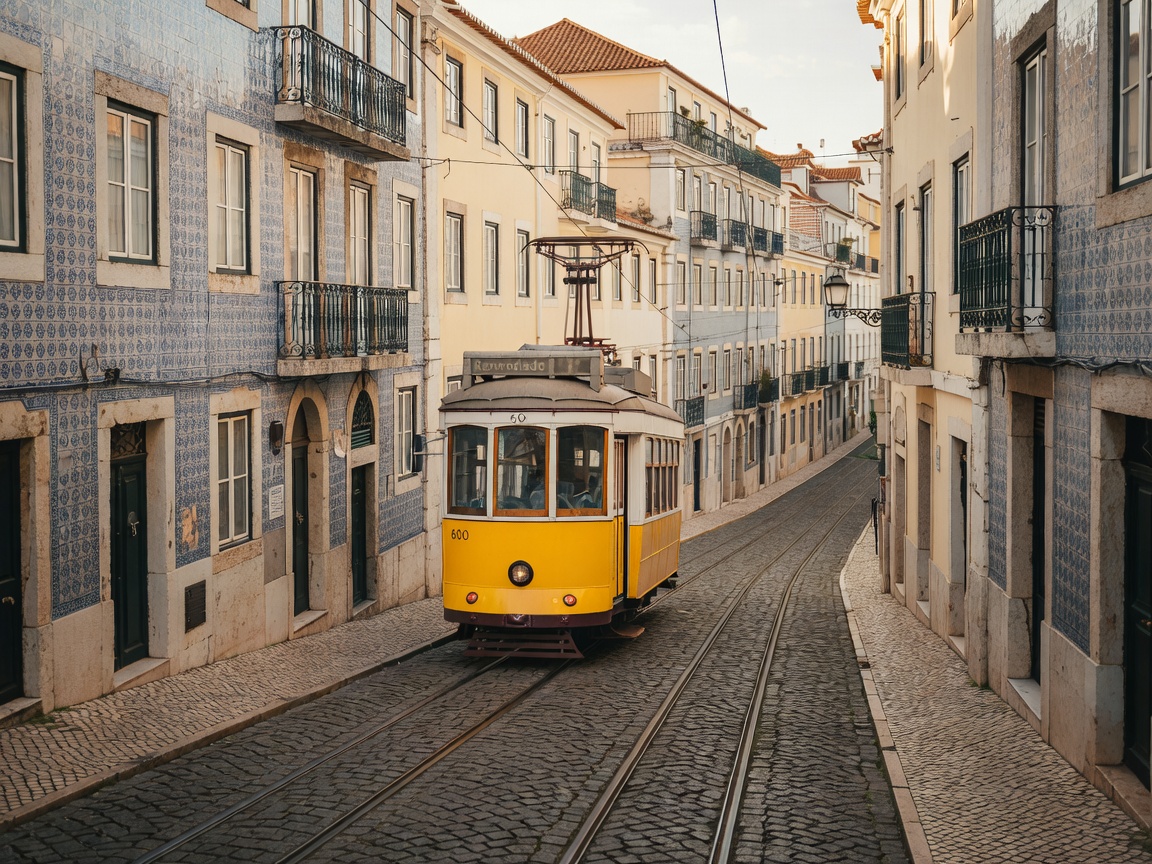 Yellow tram climbing a steep cobbled street lined with tiled buildings in Lisbon
